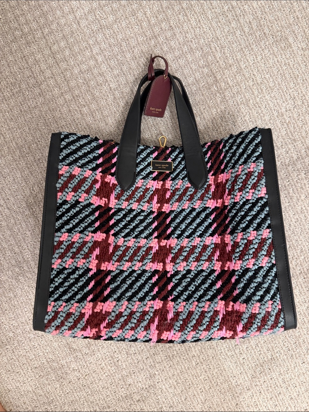 kate spade Multicolor Woven Plaid Tote - Pink, Blue & Burgundy